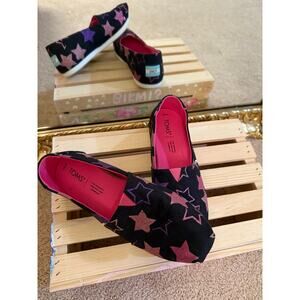 TOMS Women’s Slip-On Flats – Black with Pink & Purple Glitter Stars – Size 6.5